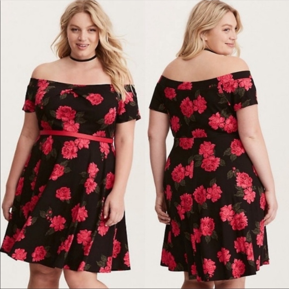 Black & Red Rose off the shoulder dress